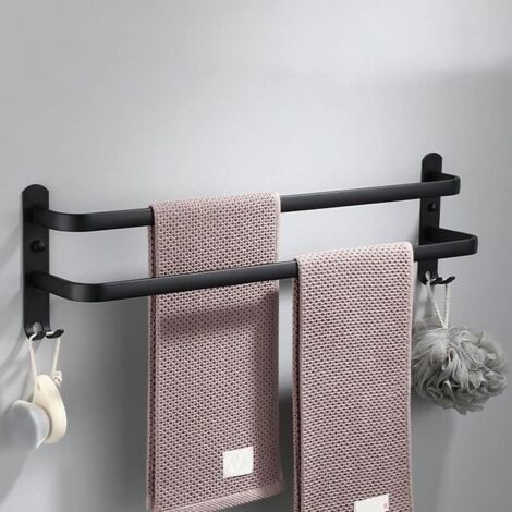 Porte Serviette Salle de Bain Porte-Serviettes Cuisine Multicouche Porte Serviette Murale Noir avec Crochets Barre Tovagliolo in alluminio - 50 cm, Noir, 2 Couche