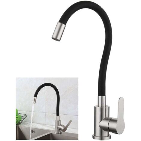Rubinetto da cucina flessibile con bocca girevole alta, miscelatore monoforo per lavello, acqua calda e fredda, acciaio inossidabile spazzolato nero (1/4)