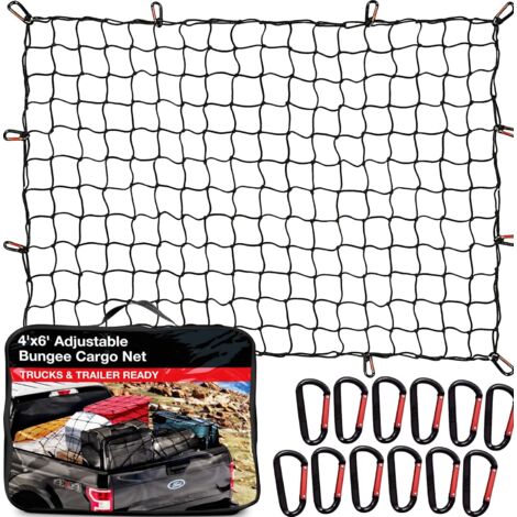 Rete di carico per cassone di pick-up (4' x 6' estensibile fino a 8' x 12') Accessori per cassone di pick-up per impieghi gravosi - 12 moschettoni in metallo, accessorio in rete elastica con ganci per