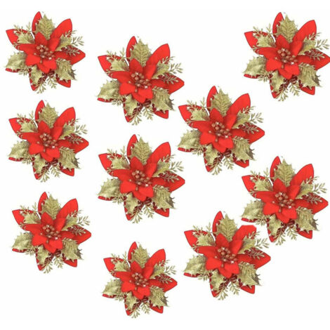 10 pezzi di fiori artificiali per albero di Natale, fiori rossi glitterati per ghirlande, decorazioni per albero di Natale (oro rosso) (1/5)