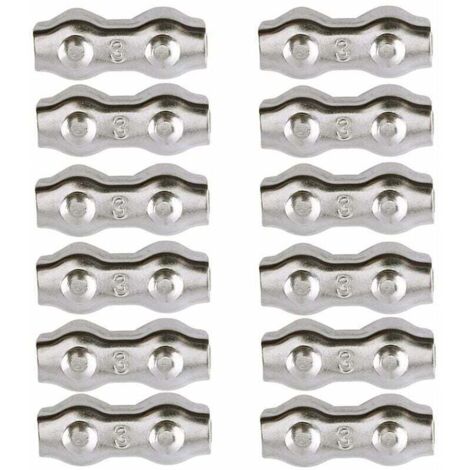 Morsetto per cavi, morsetto per cavi in acciaio da 3 mm, 12 pezzi, morsetti per cavi duplex, clip per cavi in acciaio inossidabile 304, morsetti per cavi per cavi in metallo da 2 mm, stendibiancheria (1/5)