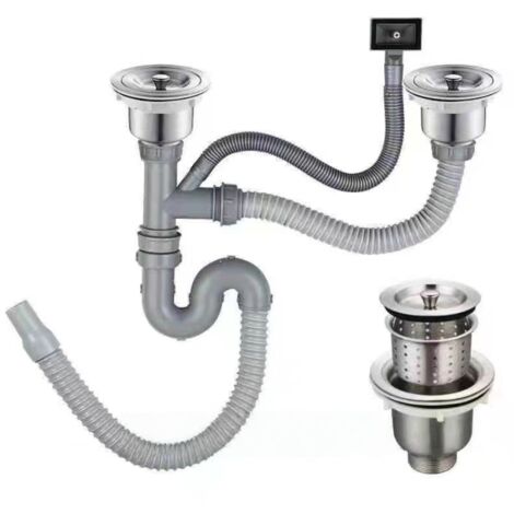 Tubo di scarico per lavello da cucina in acciaio inox con curvatura a S e doppio scarico, set di tubi di scarico adatti per kit di scarico per lavello da bagno (1/5)