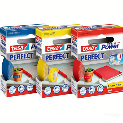 Extra Power Perfect - Nastro adesivo in tessuto - Nastro di riparazione per lavori artigianali, fissaggio, rinforzo ed etichettatura - Blu, Giallo, Rosso - 2,75 m x 19 mm (1/2)