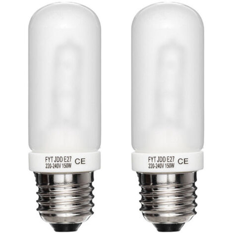 Due lampadine alogene satinate con attacco E27, 3700K, 150W 220-240V, adatte all'uso come lampadine pilota per flash da studio. (1/5)