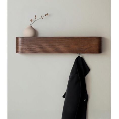 Appendiabiti da parete in legno dal design moderno con ganci a scomparsa, pannello impiallacciato in rovere massello, colore scuro.