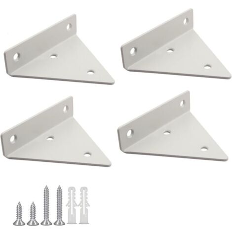 Staffe triangolari in ferro per mensole, set da 4. Dimensioni: 100x80x26 mm. Colore: bianco. Montaggio a parete a scomparsa. (1/4)
