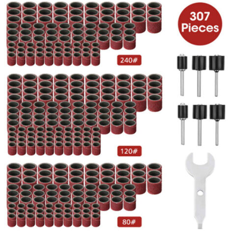 Kit levigatrice a tamburo da 307 pezzi - Tamburo abrasivo - 300 nastri abrasivi (grana 80/120/240) + 6 mandrini per utensili rotanti + 1 chiave combinata (1/4)