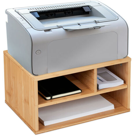 Supporto da scrivania per stampante, 3 scomparti, contenitore, AxLxP: 22 x 40 x 30 cm, organizer in bambù, naturale (1/4)