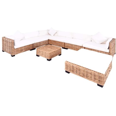 Vidaxl – Ensemble de canapés 27 pcs en rotin naturel – 3 segments d'angle et central – 1 pouf et table basse – 6 coussins de siège et 9 de dossier