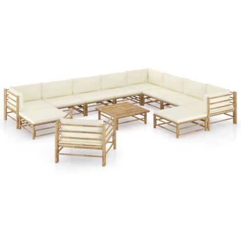 vidaXL Salon de jardin 12 pcs avec coussins blanc crème bambou