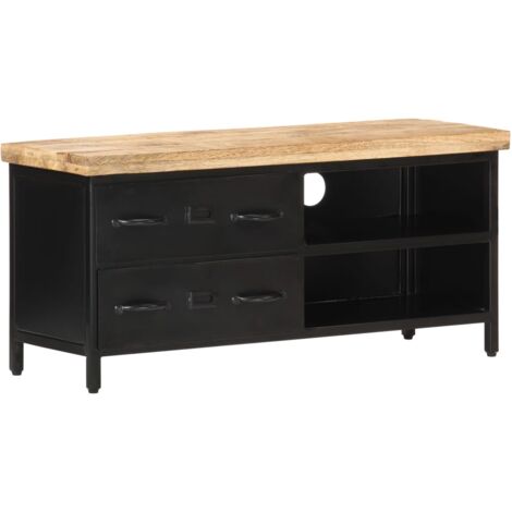 Vidaxl – Meuble TV en bois de manguier brut 90x30x41 cm – 2 tiroirs – Base en fer noir pour stabilité – Style industriel unique (1/8)