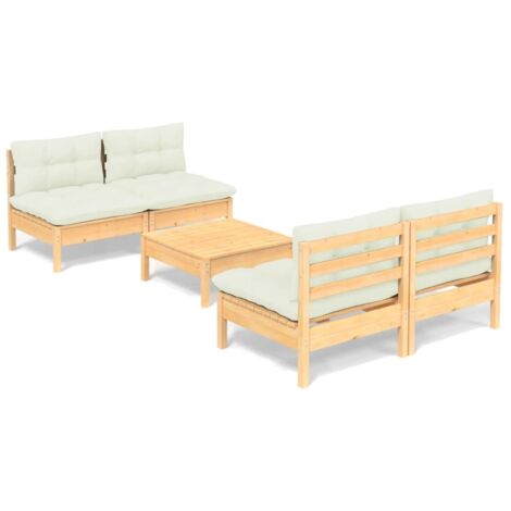 Salon de jardin 5 pcs avec coussins crème bois de pin vidaXL (1/5)