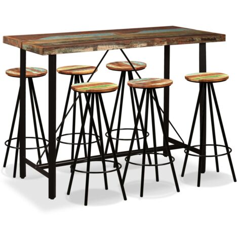 Vidaxl – Ensemble de bar 7 pcs en bois massif recyclé – Table 150x70x107 cm et 6 tabourets 30x76 cm – Style industriel avec pieds en acier
