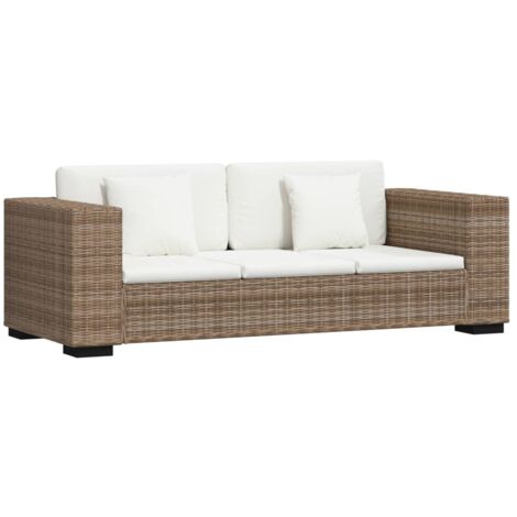 Vidaxl – Canapé de jardin 3 places en rotin naturel – Dimensions 200x80x61 cm – Coussins amovibles en lin crème – Cadre en bois robuste
