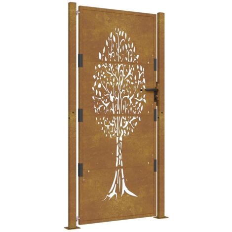 Vidaxl – Portail de jardin en acier corten 105 x 180 cm – Motif arbre découpé au laser – Système verrouillable – Résistant à la corrosion