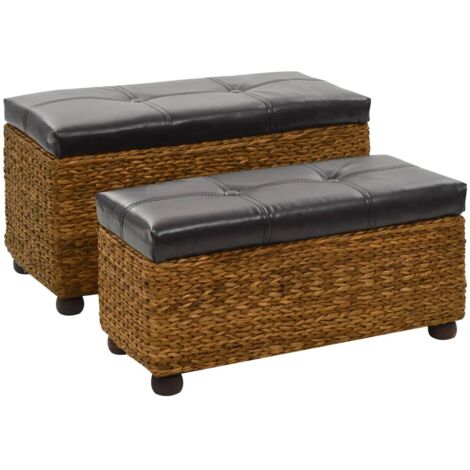 Vidaxl – Lot de 2 bancs en jacinthe d'eau marron – Dimensions grande : 85x40x45 cm, petite : 76x32x35 cm – Coussins épais 8 cm
