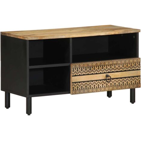 Vidaxl – Meuble TV noir 80x33,5x46 cm – Bois massif de manguier brut – 1 tiroir et 1 étagère – Pieds surélevés pour nettoyage facile (1/5)