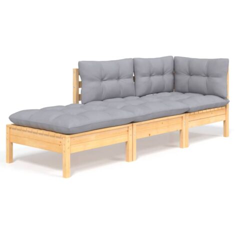 Vidaxl – Salon de jardin 3 pièces – Bois de pin massif – Coussins gris confortables – Dimensions canapé 63,5 x 63,5 x 62,5 cm (1/7)