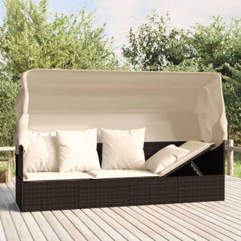 vidaXL Outdoor Lounge Bed with Roof and Cushions Brown Poly Rattan (1/5)