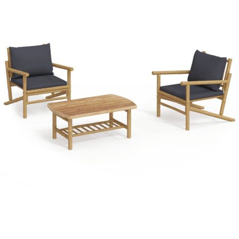 vidaXL Salon de jardin 3 pcs avec coussins gris foncé bambou (1/5)