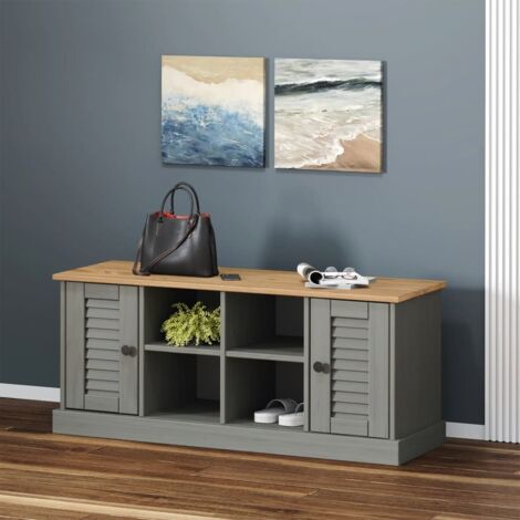 Vidaxl – Banc à chaussures VIGO gris 106x35x45 cm – Bois massif de pin – 4 compartiments et 2 armoires – Rangement optimisé pour entrée (1/6)