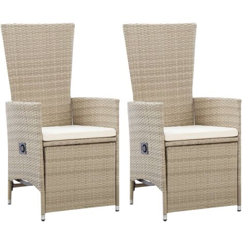 Chaises inclinables lot de 2 et coussins Résine tressée Beige vidaXL