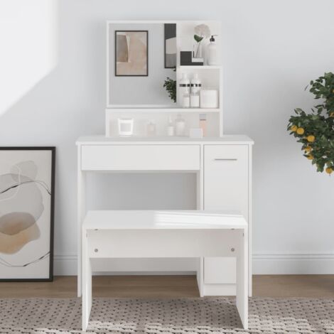 Vidaxl – Coiffeuse avec miroir blanc 86,5x35x136 cm – Bois d'ingénierie – Grand tiroir et étagères ouvertes – Assemblage facile