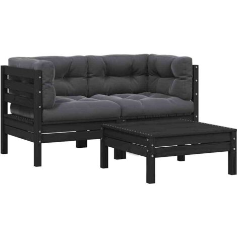 Salon de jardin 3 pcs avec coussins Noir Bois de pin massif vidaXL
