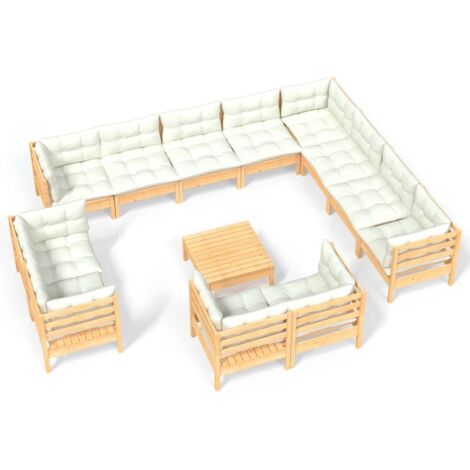 Salon de jardin 13 pcs avec coussins crème Bois de pin solide vidaXL (1/5)
