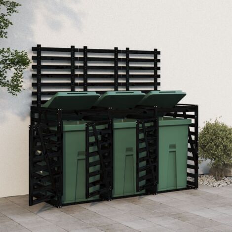 Vidaxl – Abri pour poubelle triple sur roulettes – Bois de pin massif noir – Dimensions 240 x 91,5 x 128,5 cm – Ventilation intégrée
