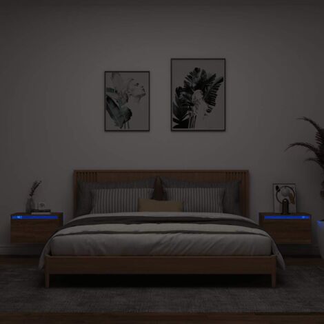 Tables de chevet murales avec lumières LED 2 pcs chêne marron vidaXL