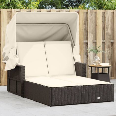 Vidaxl – Chaise longue double avec auvent rétractable – Coussins amovibles en tissu – Résine tressée marron – Dimensions 110 x 201 cm (1/5)