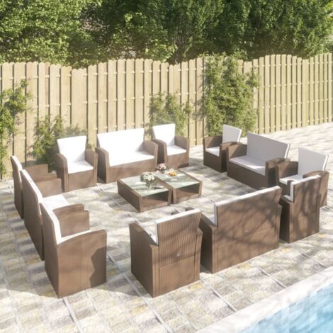 Salon de jardin 16 pcs avec coussins Résine tressée Marron vidaXL