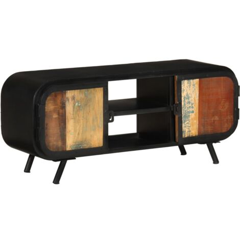 Vidaxl – Meuble TV en bois de récupération massif 110x30x45 cm – 2 portes et 2 étagères – Surface polie et laquée – Style industriel vintage (1/5)