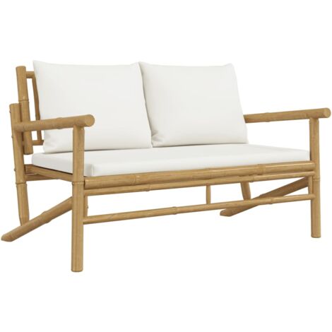 Vidaxl – Banc de jardin en bambou avec coussins blanc crème – Dimensions 115x75x74 cm – Charge maximale 110 kg – Hauteur assise 34 cm