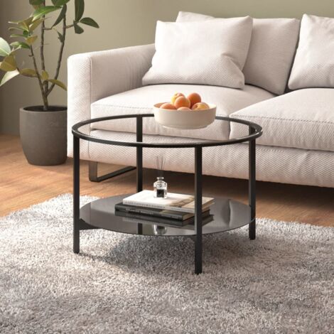 Vidaxl – Table basse fixe ronde 70 cm – Verre trempé noir et transparent – Étagère à 2 niveaux – Design moderne et épuré (1/6)