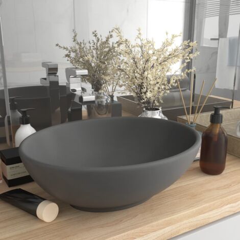 Vidaxl – Lavabo ovale en céramique gris foncé mat 40x33 cm – Installation au-dessus du comptoir – Design moderne pour salle de bain