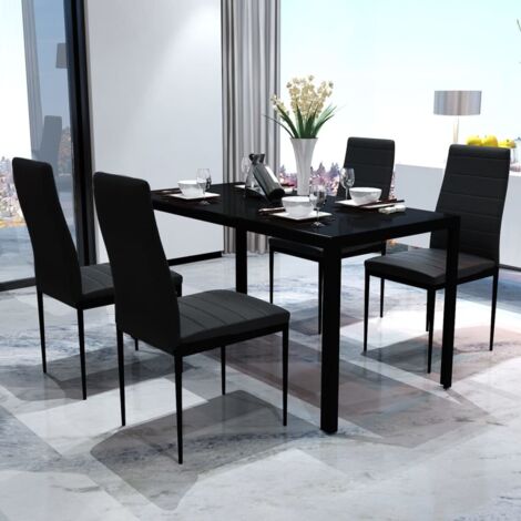 Vidaxl – Ensemble table et chaises 5 pièces noir – Table en verre trempé 105x60x74cm – Chaises en cuir artificiel rembourrées – Design moderne