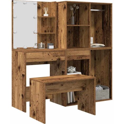 Vidaxl – Coiffeuse enfant avec LED – Vieux bois – Bois d'ingénierie – Dimensions 60 x 40 x 140 cm – Grand espace de rangement