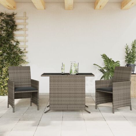 Vidaxl – Ensemble de bistro 3 pièces avec coussins – Résine tressée grise – Table en verre trempé – Rangement compact sous la table (1/5)
