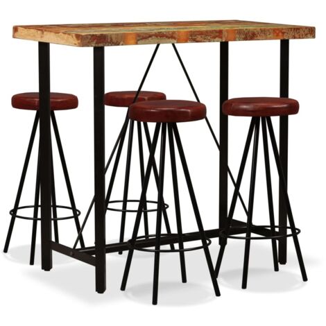 Vidaxl – Ensemble de bar 5 pcs bois massif recyclé et cuir véritable – Table 120x60x107 cm – Tabourets 30x76 cm – Style industriel