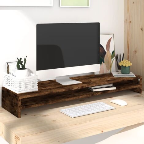 Vidaxl – Support de moniteur en bois d'ingénierie chêne fumé 100x24x13 cm – Élévation ergonomique pour 2 moniteurs – Rangement intégré clavier et accessoires