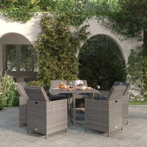 Vidaxl – Ensemble table et chaise de jardin 9 pièces – Résine tressée imperméable – Coussins épais en mousse – Table en verre trempé gris