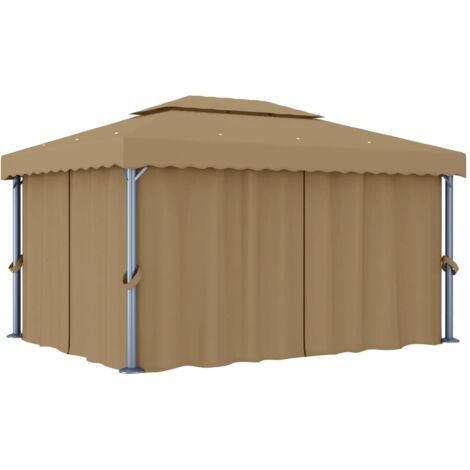 Vidaxl – Tonnelle avec rideau 4x3 m taupe – Aluminium et acier – Résistante aux UV et à l'eau – Double toit pour circulation d'air (1/5)