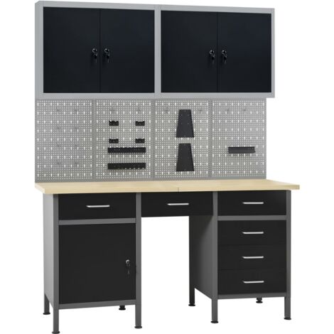 Vidaxl – Établi modulable 160 cm avec 4 panneaux muraux et 2 armoires – Capacité de charge 500 kg – Acier et bois d'ingénierie – Tiroirs à roulement à billes (1/6)