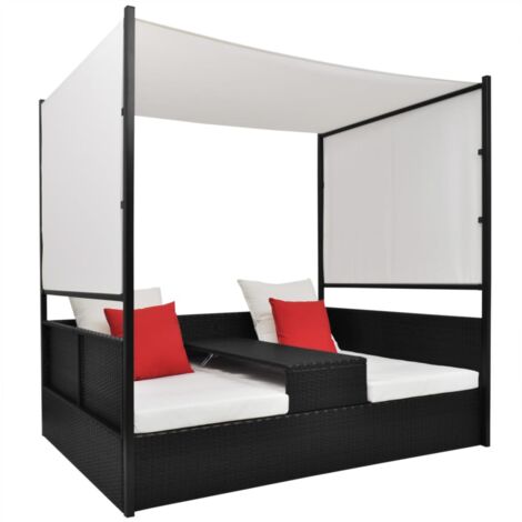 Vidaxl – Lit de jardin double avec baldaquin réglable – Résine tressée résistante aux intempéries – 190x130 cm – Coussins amovibles inclus (1/5)