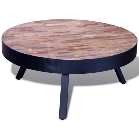 Vidaxl – Table basse ronde en bois de teck recyclé – Dimensions 76 x 31 cm – 3 pieds en métal – Style vintage et artisanal