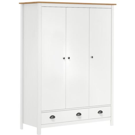 Vidaxl – Garde-robe 3 portes blanche 127x50x170 cm – Bois pin massif – 2 tiroirs et 5 étagères – Grand compartiment avec penderie