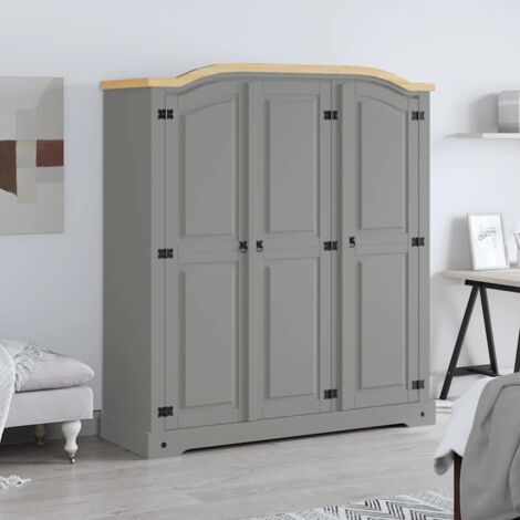 Vidaxl – Garde-robe 3 portes en pin massif gris – Compartiment gauche avec étagère et barre de penderie – Compartiment droit avec 4 étagères – Style mexicain Corona
