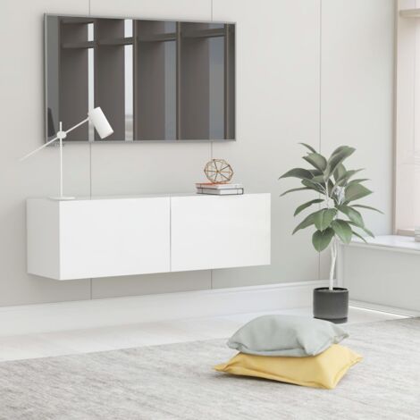 Vidaxl – Meuble TV blanc 100x30x30 cm en aggloméré – 2 portes abattantes – Capacité de charge 60 kg – Fixation murale recommandée